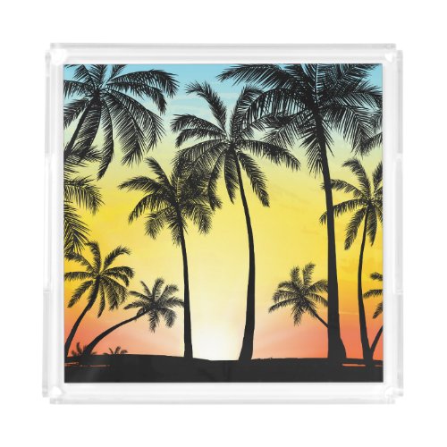 Tropical Grunge Palm Sunset Card Acrylic Tray