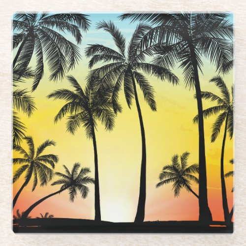 Tropical Grunge Palm Sunset Card Glass Coaster