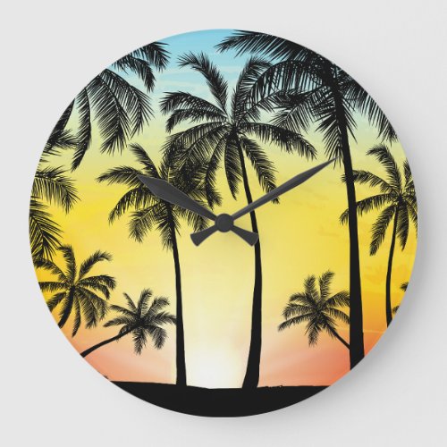 Tropical Grunge Palm Sunset Card Large Clock