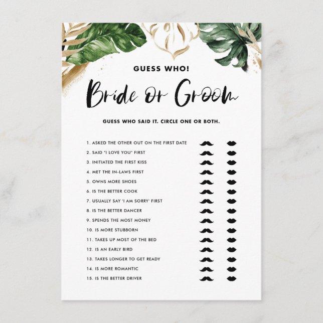 Tropical Guess Who Bride or Groom Bridal Shower Enclosure Card (Front)