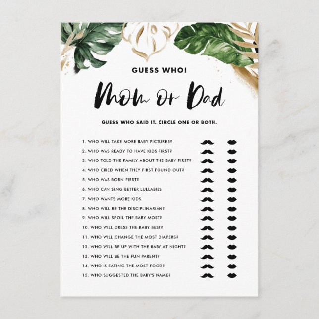 Tropical Guess Who Mom or Dad Baby Shower Game Enclosure Card (Front)