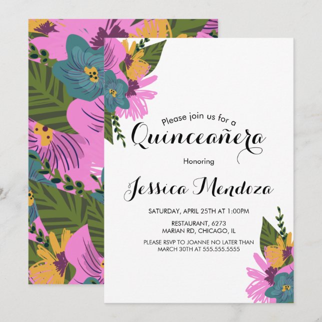 Tropical Hand Drawn Floral Quinceañera Sweet 16  Invitation (Front/Back)