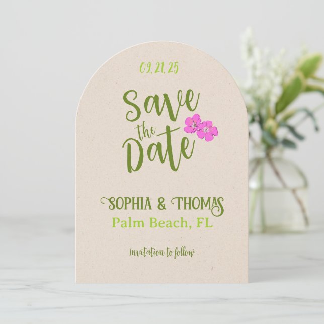 Tropical Hand Drawn Pink and Green  Save The Date (Standing Front)