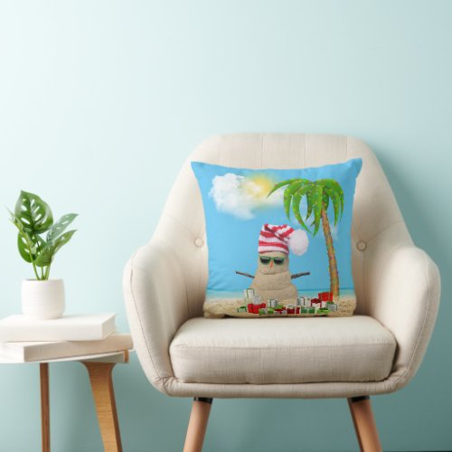 Tropical Happy Holidays Sand Man Throw Pillow