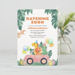 Tropical Hatching Soon Dinosaur Car Baby Shower Invitation