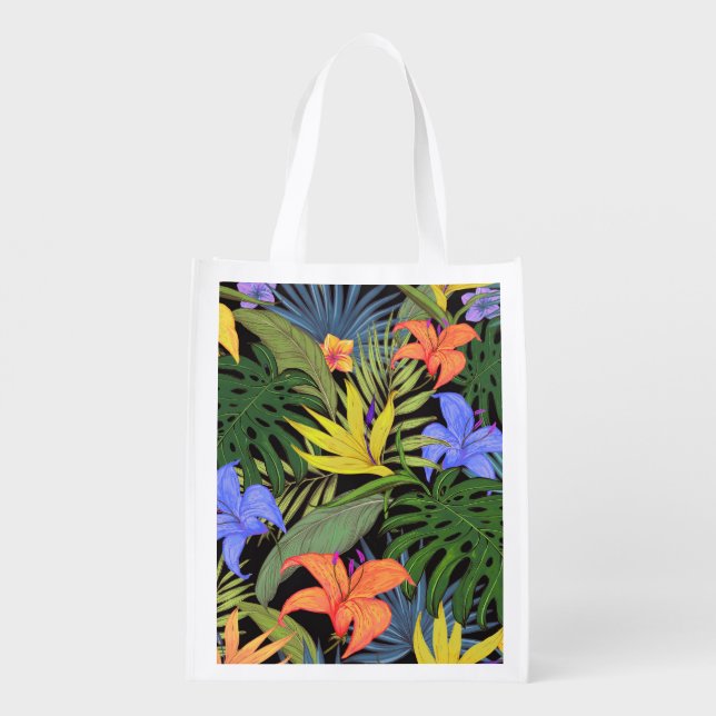 Tropical Hawaii Aloha Flower Graphic Grocery Bag (Back)