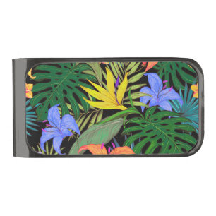 Tropical Hawaii Aloha Flower Graphic Gunmetal Finish Money Clip