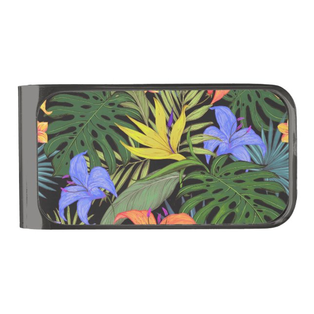 Tropical Hawaii Aloha Flower Graphic Gunmetal Finish Money Clip (Front)
