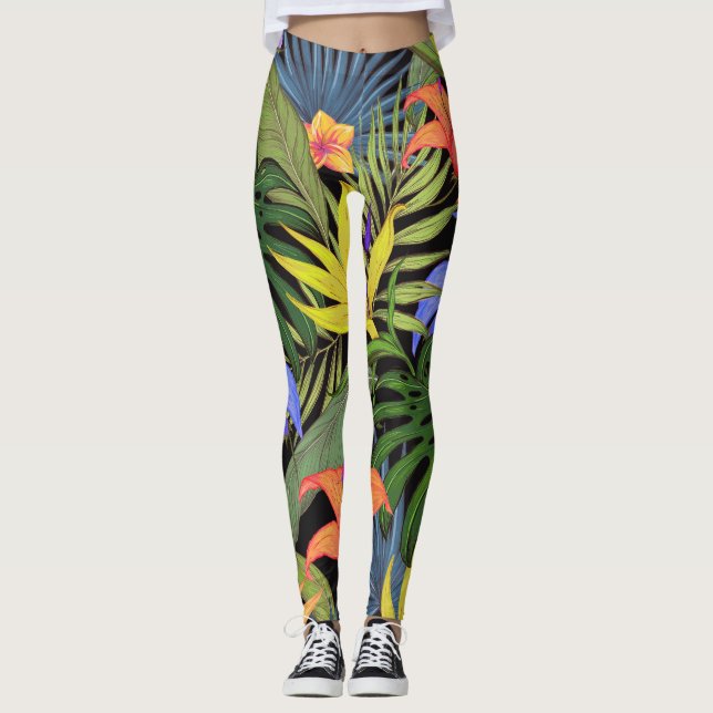 Tropical Hawaii Aloha Flower Graphic Leggings (Front)