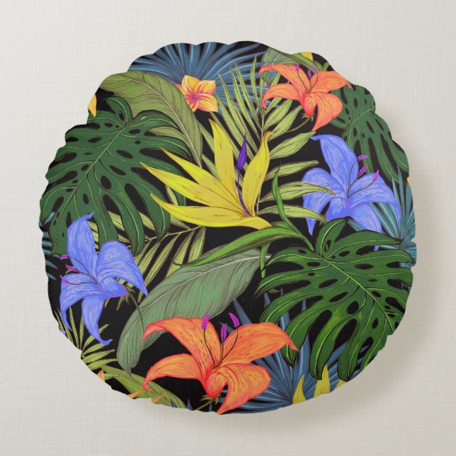 Tropical Hawaii Aloha Flower Graphic Round Pillow (Front)