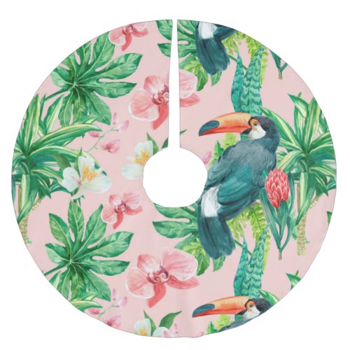 Tropical Hawaii birds floral watercolor pattern Brushed Polyester Tree Skirt