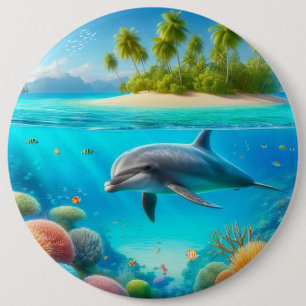 Tropical/Hawaii colorful underwater dolphin Button