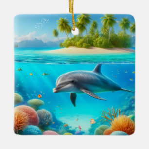 Tropical/Hawaii colorful underwater dolphin Ceramic Ornament