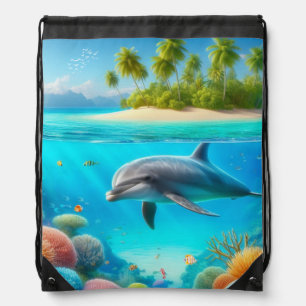 Tropical/Hawaii colorful underwater dolphin Drawstring Bag
