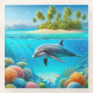 Tropical/Hawaii colorful underwater dolphin Glass Coaster
