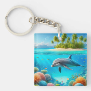 Tropical/Hawaii colorful underwater dolphin Keychain