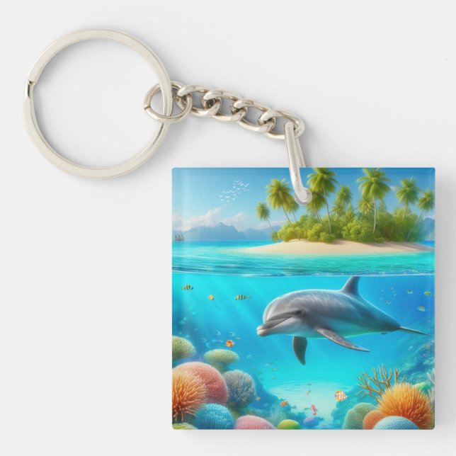 Tropical/Hawaii colorful underwater dolphin Keychain (Front)