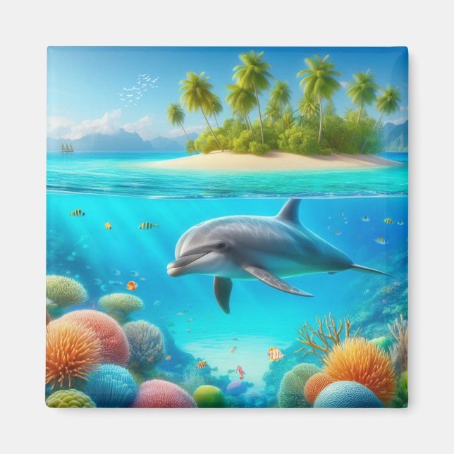 Tropical/Hawaii colorful underwater dolphin Magnet (Front)