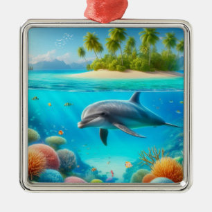 Tropical/Hawaii colorful underwater dolphin Metal Ornament