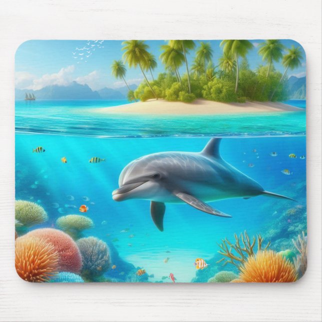Tropical/Hawaii colorful underwater dolphin Mouse Pad (Front)