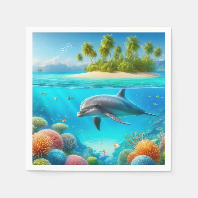 Tropical/Hawaii colorful underwater dolphin Napkins (Front)