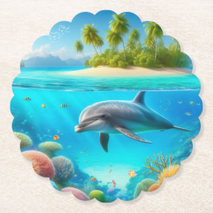 Tropical/Hawaii colorful underwater dolphin Paper Coaster