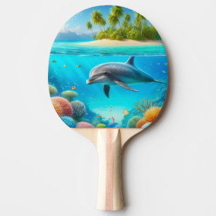 Tropical/Hawaii colorful underwater dolphin Ping Pong Paddle
