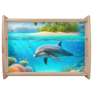 Tropical/Hawaii colorful underwater dolphin Serving Tray