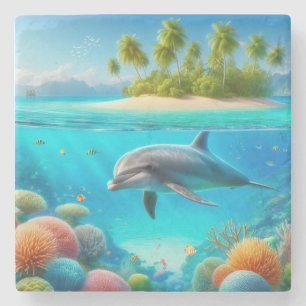 Tropical/Hawaii colorful underwater dolphin Stone Coaster