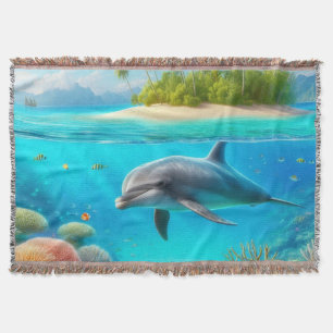 Tropical/Hawaii colorful underwater dolphin Throw Blanket