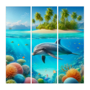 Tropical/Hawaii colorful underwater dolphin Triptych