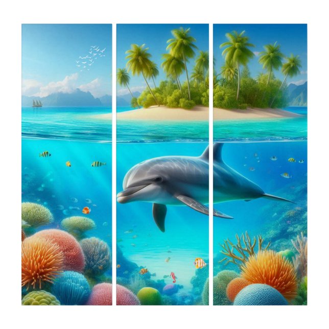 Tropical/Hawaii colorful underwater dolphin Triptych (Front)