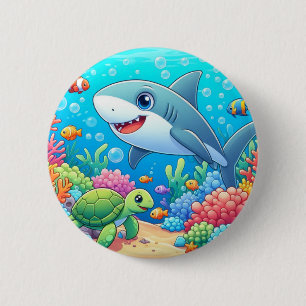 Tropical/Hawaii colorful underwater shark & turtle Button