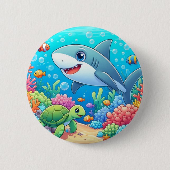 Tropical/Hawaii colorful underwater shark & turtle Button (Front)