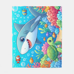 Tropical/Hawaii colorful underwater shark & turtle Fleece Blanket