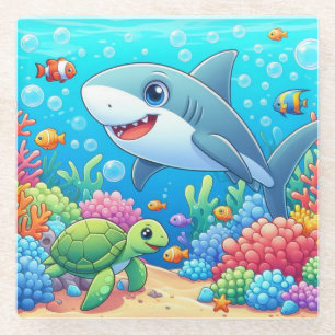 Tropical/Hawaii colorful underwater shark & turtle Glass Coaster