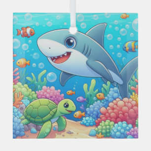 Tropical/Hawaii colorful underwater shark & turtle Glass Ornament
