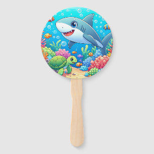 Tropical/Hawaii colorful underwater shark & turtle Hand Fan