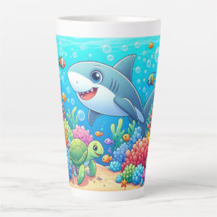 Tropical/Hawaii colorful underwater shark & turtle Latte Mug