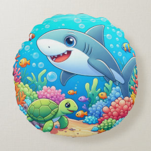 Tropical/Hawaii colorful underwater shark & turtle Round Pillow