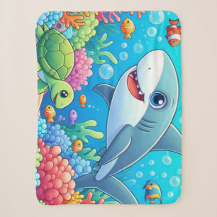 Tropical/Hawaii colorful underwater shark & turtle Sherpa Blanket