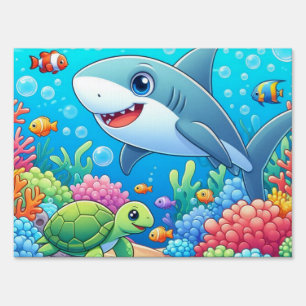 Tropical/Hawaii colorful underwater shark & turtle Sign