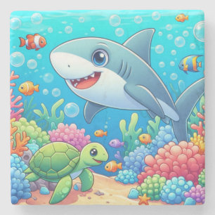Tropical/Hawaii colorful underwater shark & turtle Stone Coaster