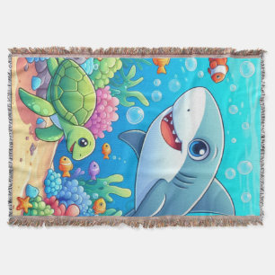 Tropical/Hawaii colorful underwater shark & turtle Throw Blanket