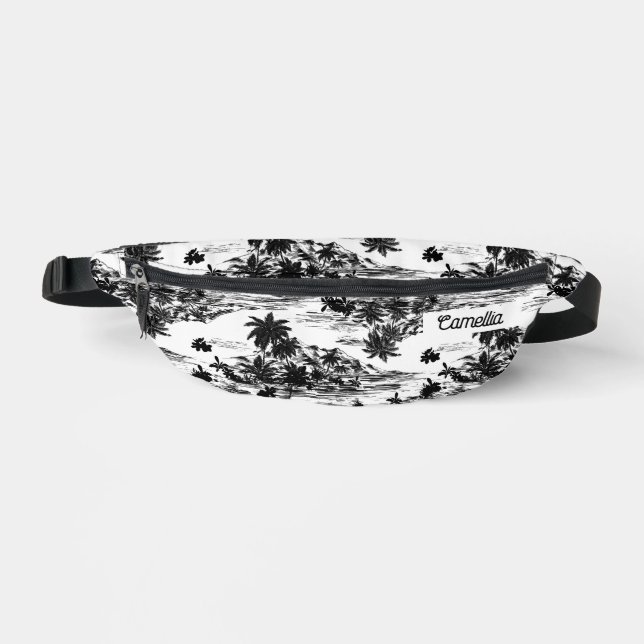 Tropical Hawaii Island Black & White Name Custom Fanny Pack (Front)