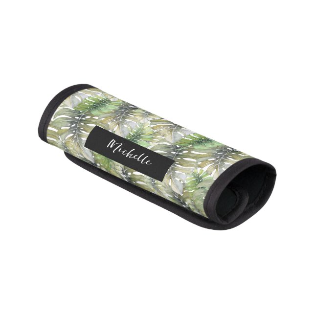 Tropical Hawaii Monstera Palm Monogrammed Luggage Handle Wrap (Angled)