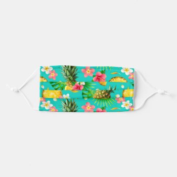 Tropical Hawaii Pineapple Plumeria Hibiscus Adult Cloth Face Mask by BluePlanet at Zazzle