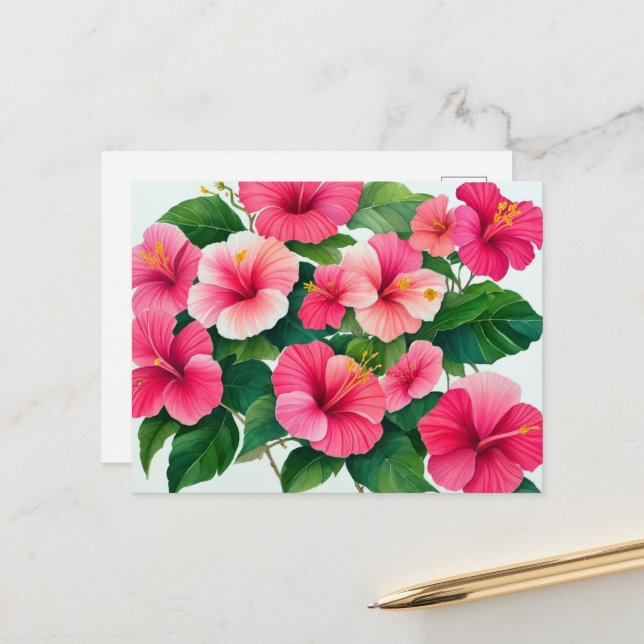 Tropical Hawaii Pink And White Hibiscus Postcard (Front/Back In Situ)