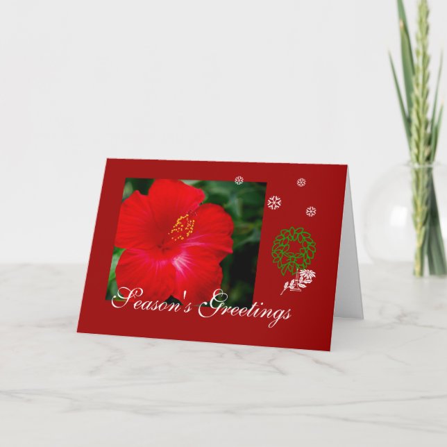 Tropical Hawaii Red Hibiscus, Merry Christmas Holiday Card (Front)