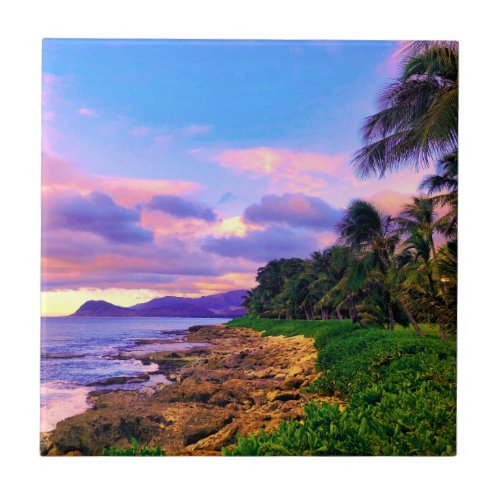 Tropical Hawaii Seashore Sunset Ceramic Tile